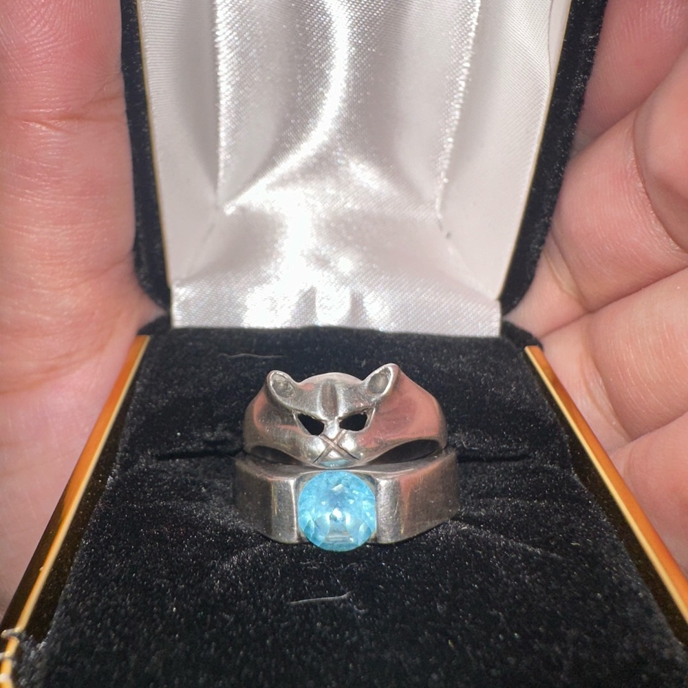 Unique Cat ring paired with Blue gem ring